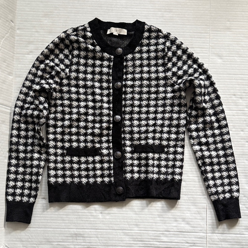 LOFT Monochrome Houndstooth Sweater Cardigan Small